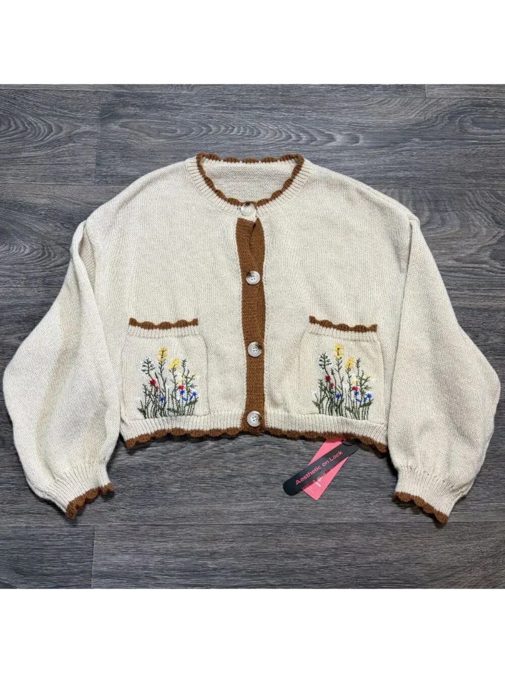 Cottagecore Beige Knit Cardigan 1XL Floral Embroidery Pockets Button Spring NEW - Picture 2 of 16